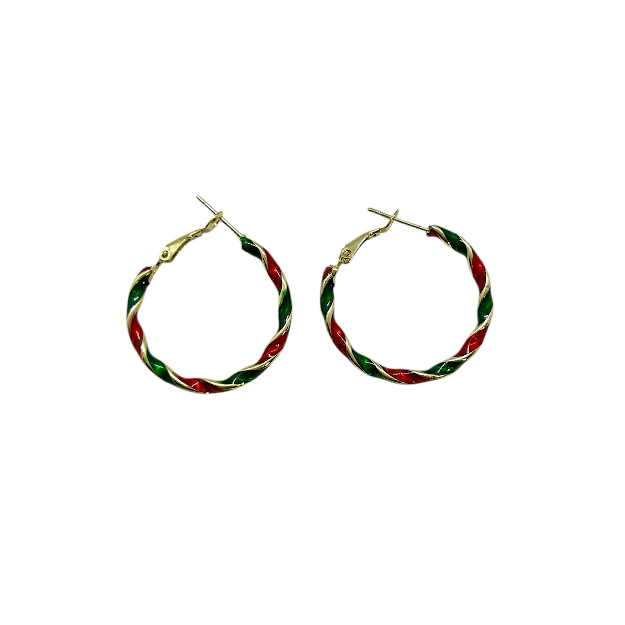 Metal hoop earrings in green and red color.